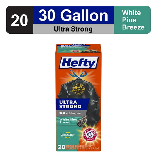 Hefty Ultra Strong 30 gallon Trash Bags, Black Large Trash Bags, White Pine Breeze Scent, 20 Bags