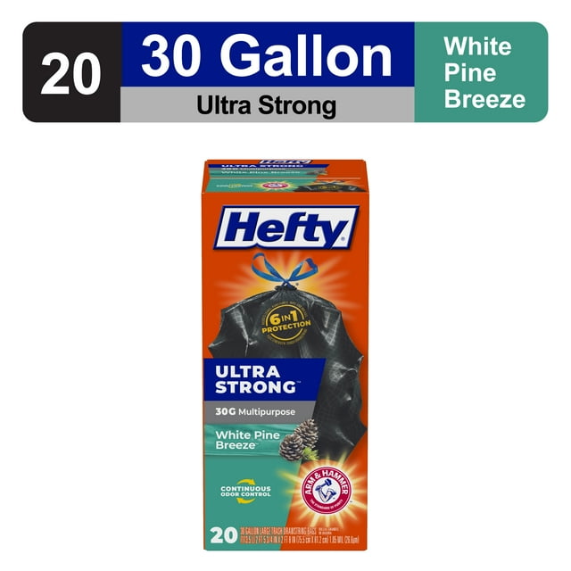 Hefty Ultra Strong 30 gallon Trash Bags, Black Large Trash Bags, White Pine Breeze Scent, 20 Bags